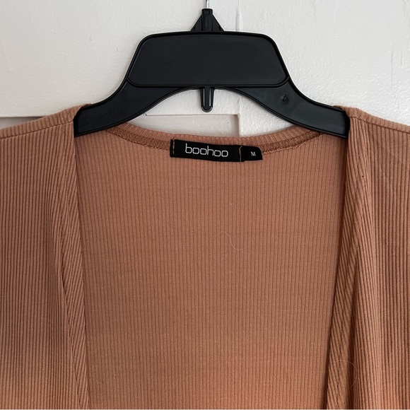 Boohoo Open-Front Ribbed Duster Cardigan, Camel Color, Size M - Picture 2 of 5